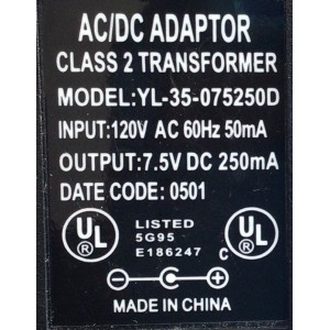 CARGADOR / ADAPTADOR DE FUENTE DE ALIMENTACION AC/DC ADAPTOR / NUMERO DE PARTE  0501 / ENTRADA VCA 120V 60HZ 50MA / SALIDA VCD 7.5V 250MA / MODELO TL-35-075250D